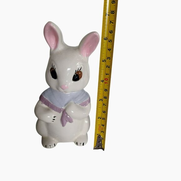 Ceramic Bunny Rabbit Figurine, Lavender Scarf & Pink Ears, Vintage Easter Decor - Picture 5 of 9